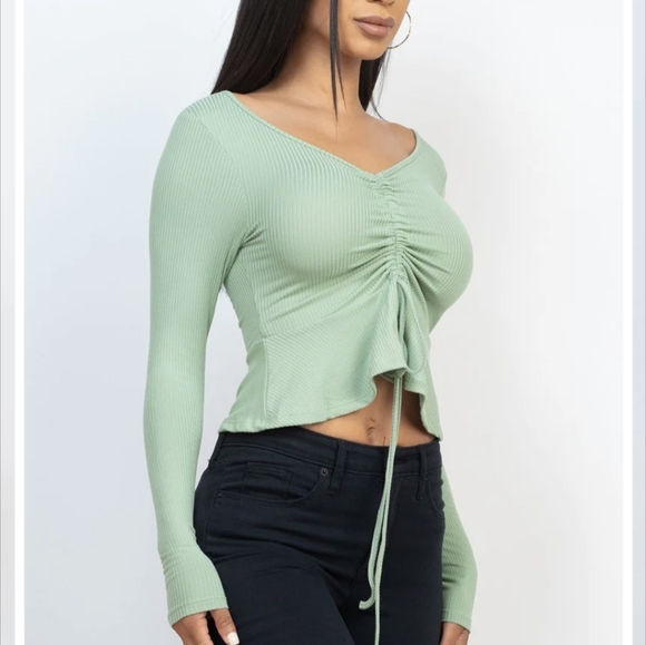 Women's Ribbed Drawstring Peplum Top - Picture 4 of 5